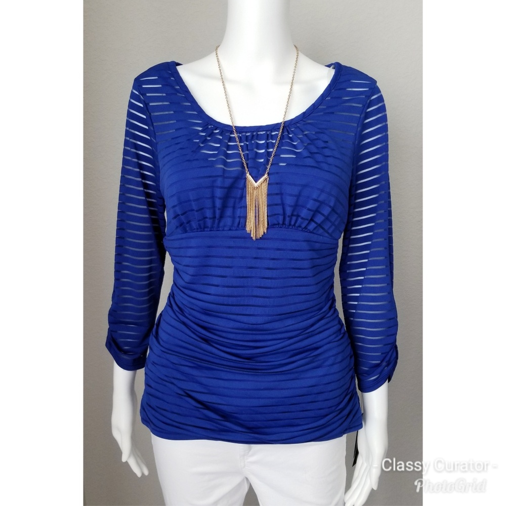 NWT cobalt blue sheer striped top with necklace